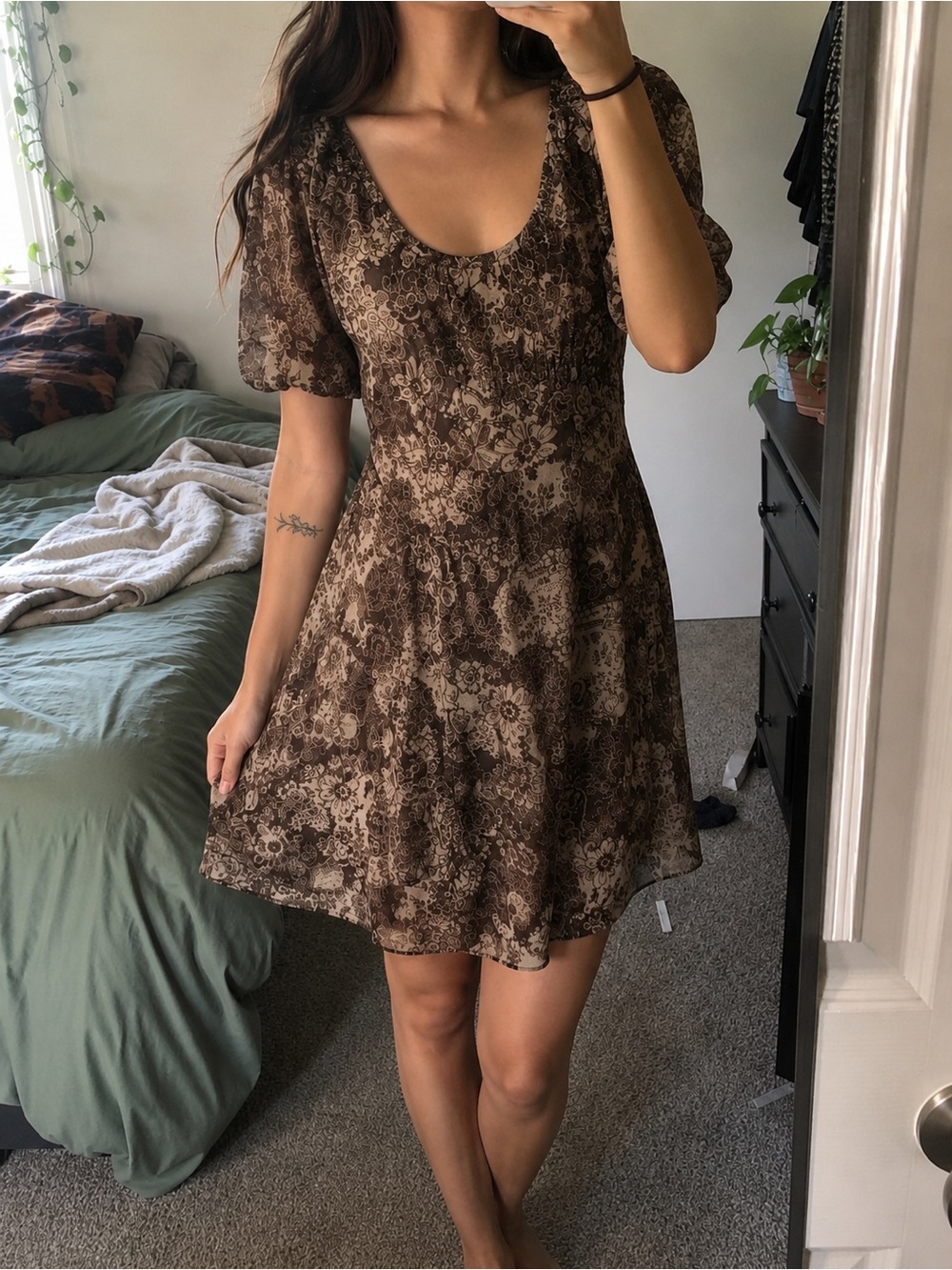 Brown Floral Wrap Mini Dress | Puff Sleeve Boho Cottagecore